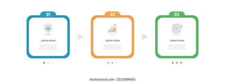 Informative three-stage square infographics for presentation, infographic template for displaying the stage, process