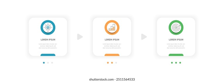 Infográficos quadrados informativos de três estágios para apresentação, modelo infográfico para exibição do estágio, processo