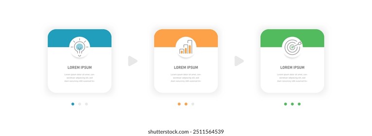 Infográficos quadrados informativos de três estágios para apresentação, modelo infográfico para exibição do estágio, processo