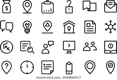 Informative and user guide themed icon set in outline style designed to enhance user experiences provide direction support navigation and interactive tutorials