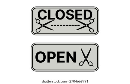 Ilustração vetorial informativa de sinais de 'Aberto' e 'Fechado' para empresas, com gráficos clássicos de tesoura, perfeito para indicar horas de funcionamento para salões de cabelo, barbearias ou lojas de alfaiataria.