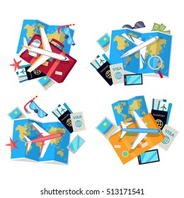 Informative vector poster for journey and traveling. Set of tourist things. Plane, visa, passport, map, photo gives a trip atmosphere. Trip concept collection illustration. Objects isolated on white