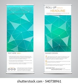 Informative vertical roll up banner, for public and corporate presentations. Abstract background with molecular structure. Vector graphic.