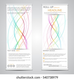 Informative vertical roll up banner, for public and corporate presentations. Abstract background with waved lines. Vector graphic.