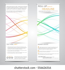 Informative vertical roll up banner, for public and corporate presentations. Abstract background with wavy lines. Vector illustration