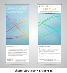 Informative vertical roll up banner, for public and corporate presentations. Abstract background with wavy lines. Vector illustration