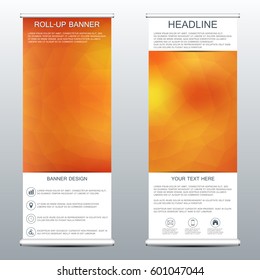 Informative vertical roll-up banner, for public and corporate presentations. Abstract background with triangles. Vector graphic.