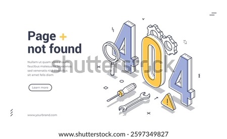 An informative web banner template showcases a 404 error message in isometric style. It features tools and symbols, visually indicating a page not found situation for users online. Vector illustration