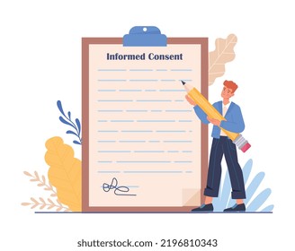 Informed Consent Concept. Young Guy With Pencil Signs Contract. Successful Negotiations And Deal. Poster Or Banner For Website. Jurisprudence And Law, Documents. Cartoon Flat Vector Illustration