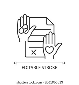 Informed consent linear icon. Research ethics. Requirement for clinical trials. Health literacy. Thin line customizable illustration. Contour symbol. Vector isolated outline drawing. Editable stroke