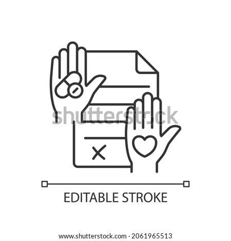 Informed consent linear icon. Research ethics. Requirement for clinical trials. Health literacy. Thin line customizable illustration. Contour symbol. Vector isolated outline drawing. Editable stroke