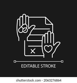 Informed consent white linear icon for dark theme. Research ethics. Requirement for clinical trials. Thin line customizable illustration. Isolated vector contour symbol for night mode. Editable stroke