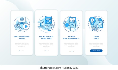 Avisos informados de los clientes a bordo de la pantalla de la aplicación móvil con conceptos. Descodificar videos, pensar cuidadosamente a través de 4 pasos de instrucciones gráficas. plantilla de vector de interfaz de usuario con ilustraciones de color RGB