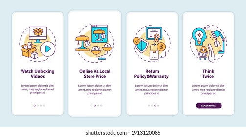 Informed customer tips onboarding mobile app page screen with concepts. Unboxing videos, thinking twice walkthrough 4 steps graphic instructions. UI vector template with RGB color illustrations
