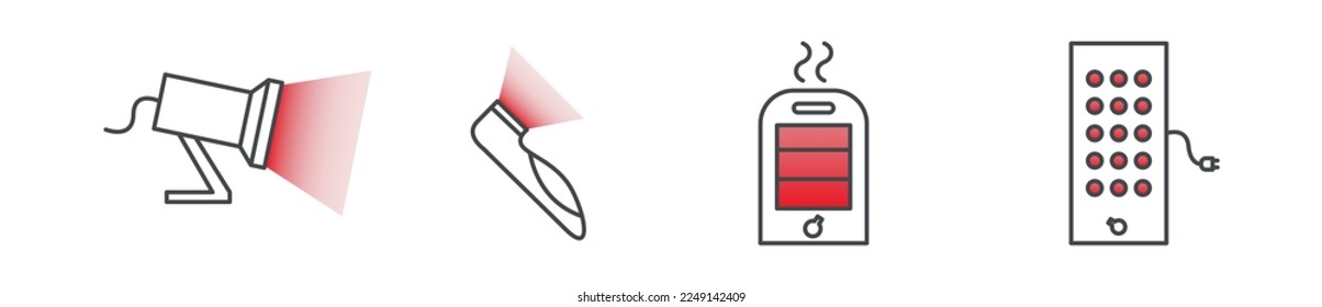 Dispositivo infrarrojo conjunto de iconos de línea moderna, concepto de terapia de luz de calor roja, producto de curación natural de la piel iconos vectoriales de estilo moderno, emblemas de lámpara de rejuvenecimiento cosmético, lámparas de sauna aislados