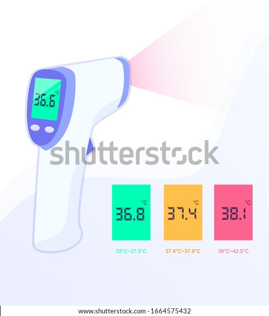 Infrared non-contact temperature\
thermometer gun for forehead with temperature range standards.\
Vector eps\
illustration.