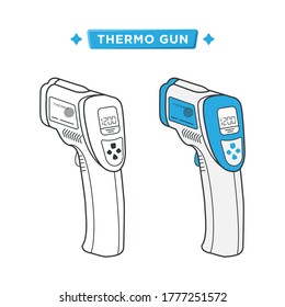 Infrared thermometer gun for body temperature check. Medical digital non-contact thermometer. Flat line icon vector illustration