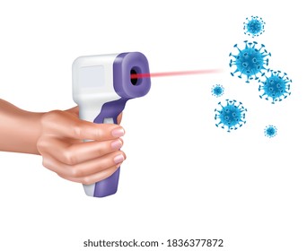Infrared thermometer in hand coronavirus composition with realistic images of human hand thermometer and virus bacteria vector illustration
