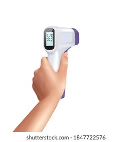 Infrared thermometer in hand realistic composition with isolated image of human hand holding non-contact thermometer vector illustration