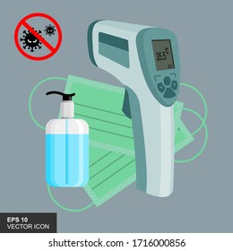 Infrared thermometer, Mask and Handsanitizer with background. Vector illustration.