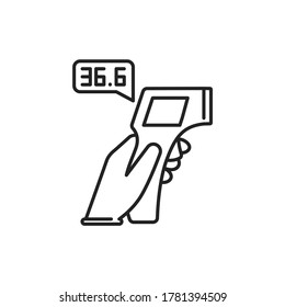El termómetro infrarrojo mide la temperatura del icono de la línea negra. Viajes seguros. Pictograma para web, aplicación móvil, promoción. elemento de diseño de UI UX