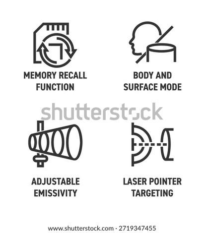 Infrared thermometer properties icons in bold line - Laser pointer targeting, Adjustable emissivity, Body and surface mode, Memory recall function. pictograms for labeling and infographics