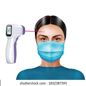 Infrared thermometer temperature check realistic composition with female character in mask with digital thermometer and ray vector illustration