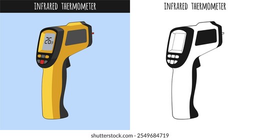 Infrared Thermometer Vector Line Art and Colored Illustration