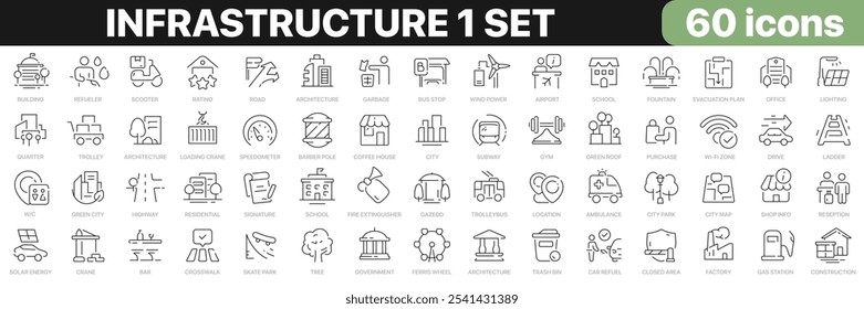 Infrastructure 1 set line icons collection. Buildings, park, police, hospital, transport, construction, environment icons. UI icon set. Thin outline icons pack. Vector illustration EPS10