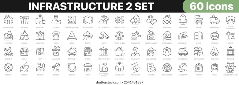 Infrastructure 2 set line icons collection. Buildings, park, police, hospital, transport, construction, environment icons. UI icon set. Thin outline icons pack. Vector illustration EPS10