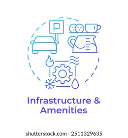 Ícone de conceito de gradiente azul de infraestrutura e instalações. Imóveis industriais. Sala de descanso do funcionário. AVAC. Ilustração de linha de forma redonda. Ideia abstrata. Design gráfico. Fácil de usar no artigo