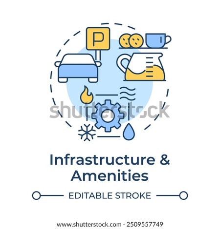 Infrastructure and amenities multi color concept icon. Industrial real estate. Employee break room, parking. HVAC. Round shape line illustration. Abstract idea. Graphic design. Easy to use in article