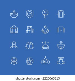 Infrastructure and amenities outline full icon set.