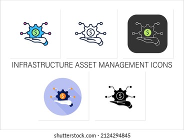 Infrastructure asset management icons set. Hand keeps asset.Integrated, multidisciplinary strategies.Business concept.Collection of icons in linear, filled, color styles.Isolated vector illustrations