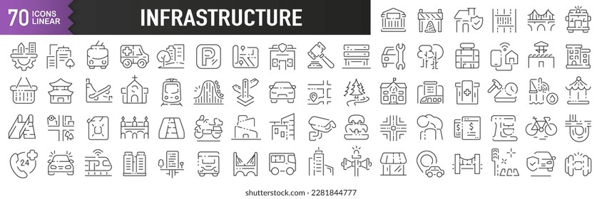 Infrastruktur schwarze lineare Symbole. Sammlung von 70 Symbolen in Schwarz. Große Reihe von linearen Symbolen