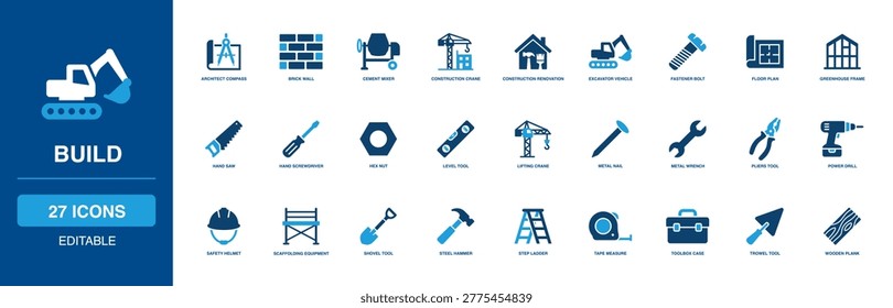 Infrastructure Build Solid Icon Set identifying massive construction crane, hard safety helmet, sturdy brick wall, secure scaffold, deep excavator, and exact architect compass steady renovation projects.