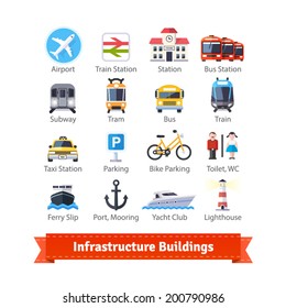 Infrastructure Buildings Flat Icon Set. Road And Water City Transportation Stations And Parking Signs. For Use With Maps And Internet Services Interfaces. EPS 10 Vector.