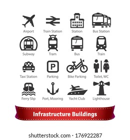 Infrastructure Buildings Icon Set. Road and Water City Transportation Stations and Parking Signs. For Use With Maps and Internet Services Interfaces.