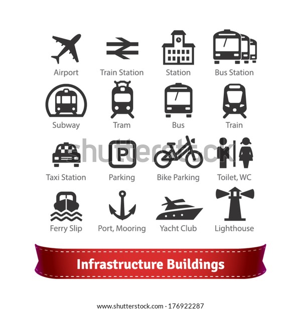 Infrastructure Buildings Icon Set. Road and
Water City Transportation Stations and Parking Signs. For Use With
Maps and Internet Services
Interfaces.