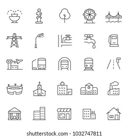 Infrastructure And City Elements Icon Set. Linear Design. Line With Editable Stroke