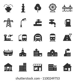 infrastructure and city elements, monochrome icons set. 