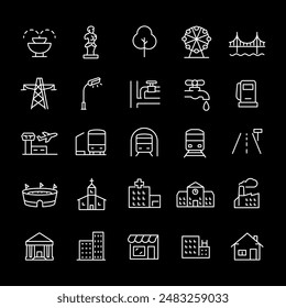 Infrastructure and city elements, white line icons. Urban design and city planning symbols. Ideal for architecture and construction themes. Symbols on black background. Editable stroke.
