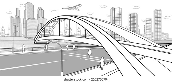 Infrastructure city illustration. Pedestrian bridge over the highway. People walking on street. Modern town, urban scene. Black lines on white background. Vector design art 