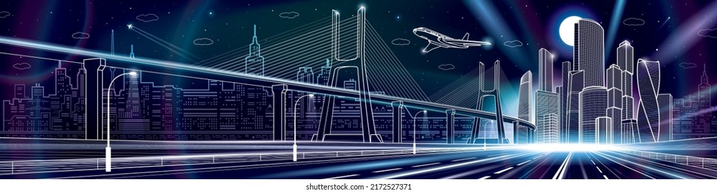 Infrastructure city panorama. Glow linghts. Large cable-stayed bridge. Airplane fly. Empty highway. Night modern city on dark background, towers and skyscrapers, urban scene, vector design art 