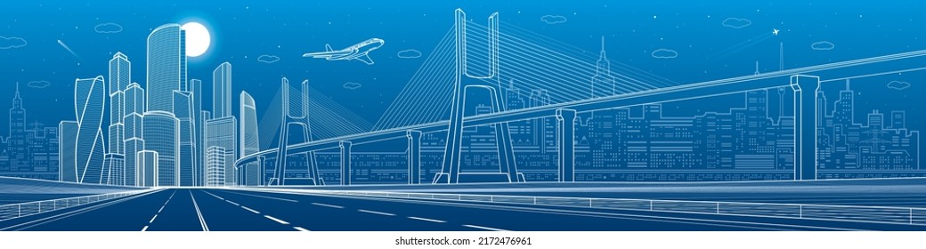 Infrastructure city panorama. Large cable-stayed bridge. Airplane fly. Empty highway. Night modern city on background, towers and skyscrapers, urban scene, vector design art 