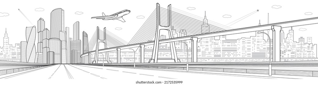 Infrastructure city panorama  Large cable  stayed bridge  Gray outlines white background   Airplane fly  Empty highway  Modern city  towers   skyscrapers  urban scene  vector design art 