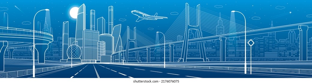 Infrastructure city panorama. Large cable-stayed bridge. Airplane fly. Empty highway. Night modern city on background, towers and skyscrapers, urban scene, vector design art 