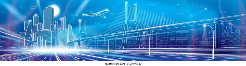 Infrastructure city panorama. Neon glow city. Large cable-stayed bridge. Airplane fly. Empty highway. Night modern town on background, towers and skyscrapers, urban scene, vector design art 