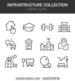 Infrastructure collection linear icons in black on a white background