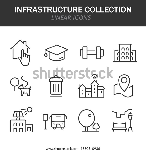 Infrastructure collection linear icons in\
black on a white\
background